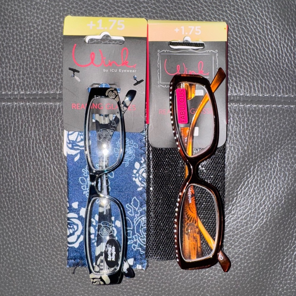 2 Pair - WINK by ICI Eyewear Reading Glasses w/ Sleeves +1.75 Magnification